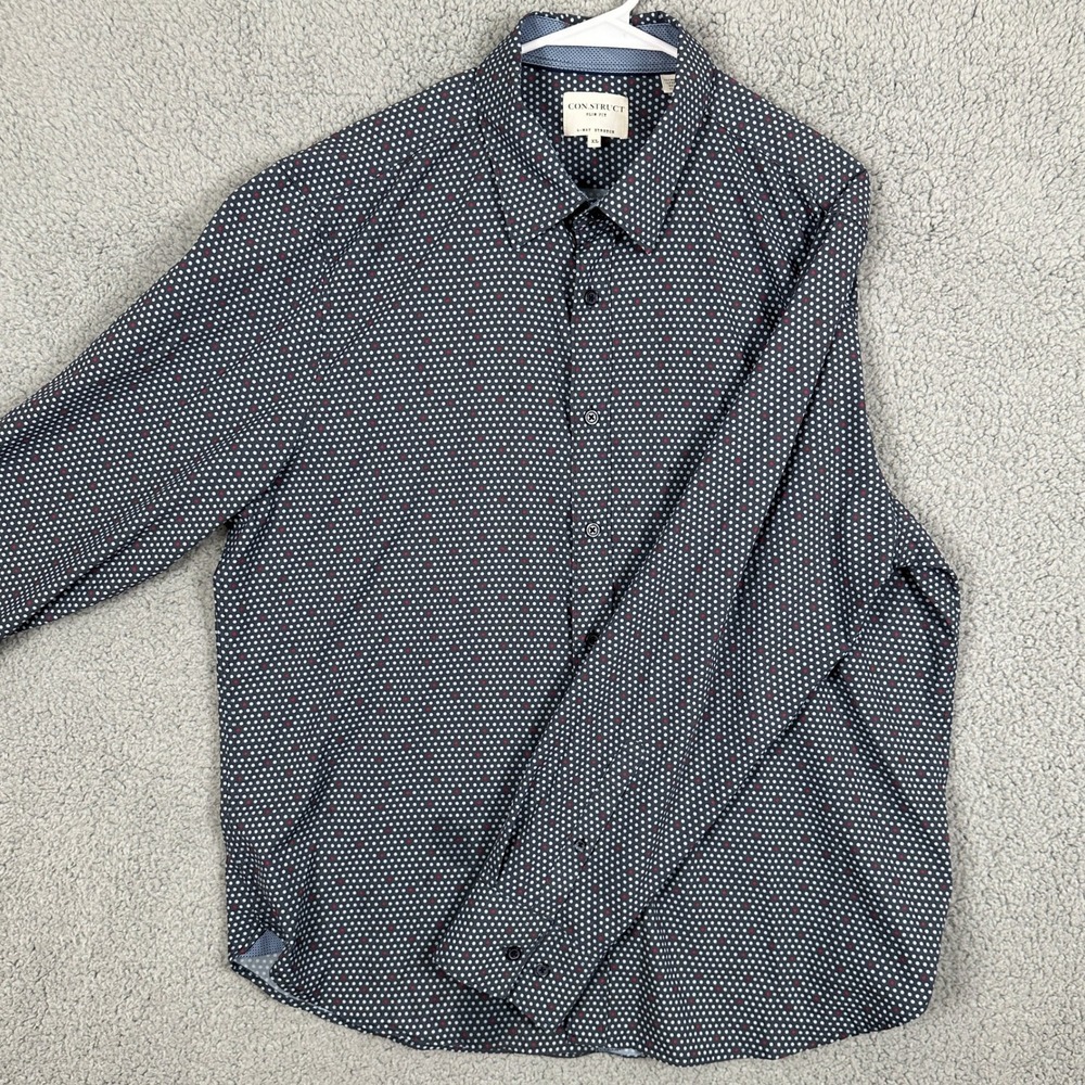 Con.Struct Shirt Button Up Mens XL Blue Red Polka Dots Slim Fit 4 Way Stretch